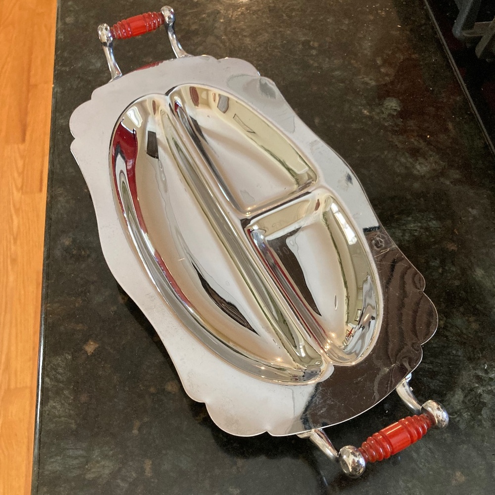 MCM chrome nut/candy dish with red Bakelite handles